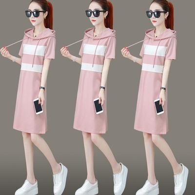 Damen Baumwoll-Kapuzenkleid im koreanischen Stil, Slim Fit Sommerkleid, lässiger kurzärmliger Midirock