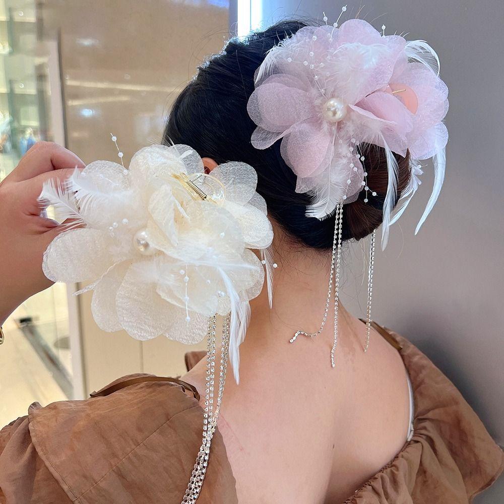 Cloth Hair Claw Feather Flower Tassel Hairgrips Headwear Elegant Grasping Clip  Party