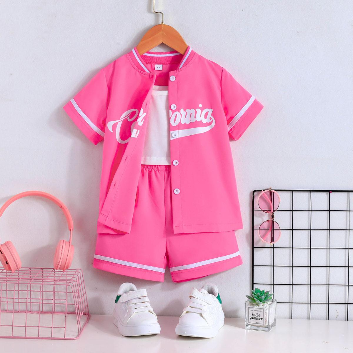 3PCS Kids Letter Print Baseball Jacket & Shorts Set with Crop Tank Top 4Y