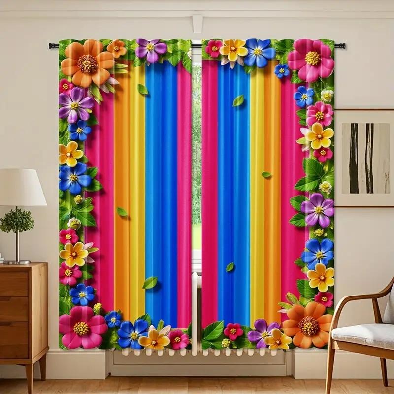 

2 Pcs Rainbow Flowers Print Curtains,Suitable For Bedroom,Living Room Kitchen Decoration,Home Decoration,Window Decoration 14Wx59L(35x150CM)x2&Rod Pocket