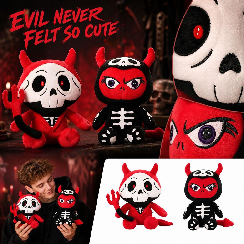 Skeleton Plush Doll with Horns, Tail And, Gothic Devil Plush Toy Halloween Decoration Collectible Gift