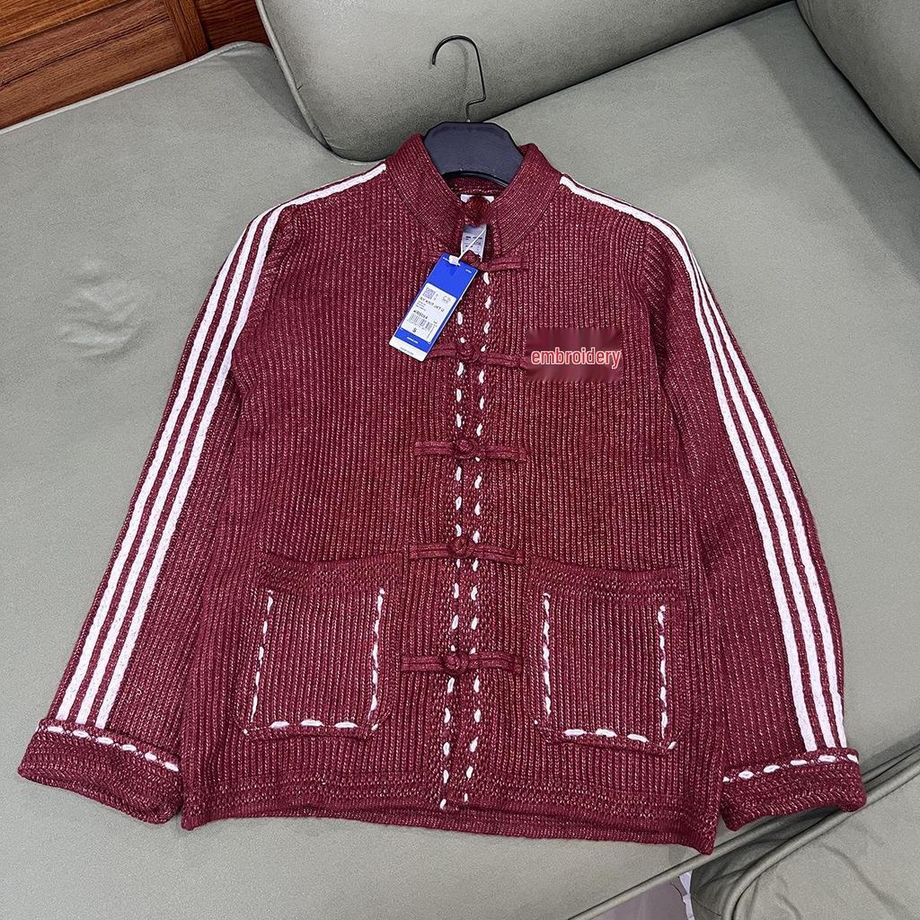 Unisex Tang Suit Sweater: Autumn/Winter Chinese Style with Three Stripes & Frog Button Embroidery