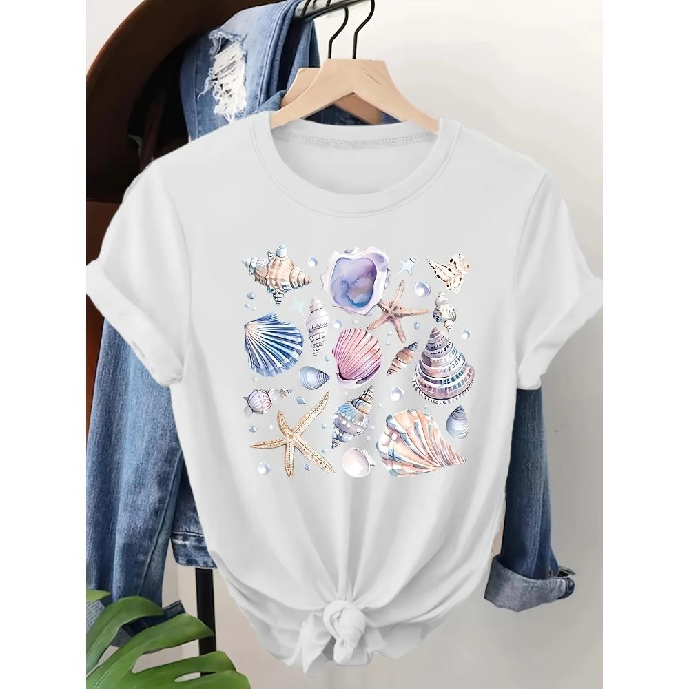 Seashell & Starfish Women's Tee - Coastal Beach Graphic, Casual Light Blue Top