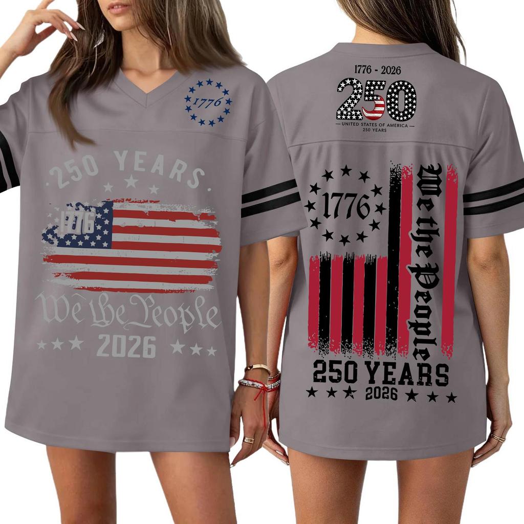 Womens Casual V Neck Jersey Style Short Sleeve Top 250th Anniversary Independence Day Print Loose Fit Sports T Shirt