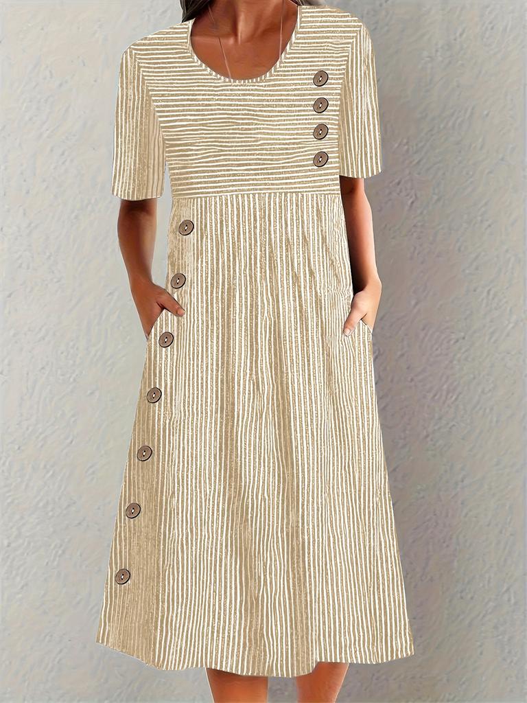Abito midi casual a righe da donna con scollo rotondo, manica corta, vestibilità ampia, vita alta, bottoni laterali e tasche