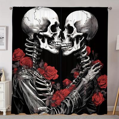 2 Pieces Halloween Skull Monster Crow Cat Digital Floral Printed Curtain Pocket Holder for Living Room Cloakroom Kitchen Bedroom