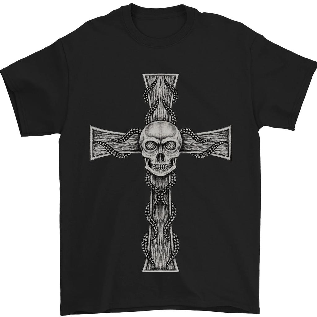 a Gothic Skull and Tentacles on a Cross Mens T-Shirt 100% Cotton