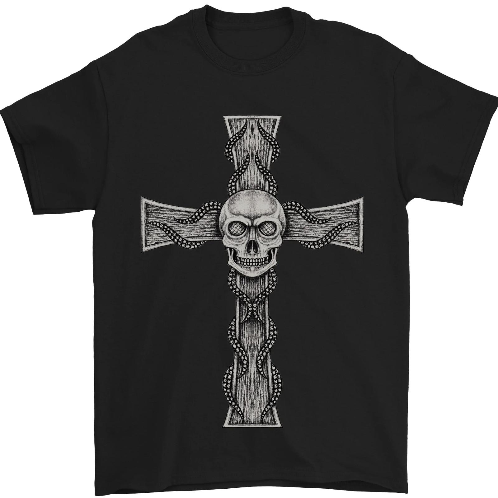a Gothic Skull and Tentacles on a Cross Mens T-Shirt 100% Cotton XL