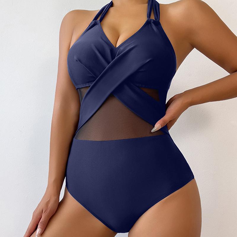 2025 European & American Solid Color Mesh One-Piece Conservative Bikini for Women