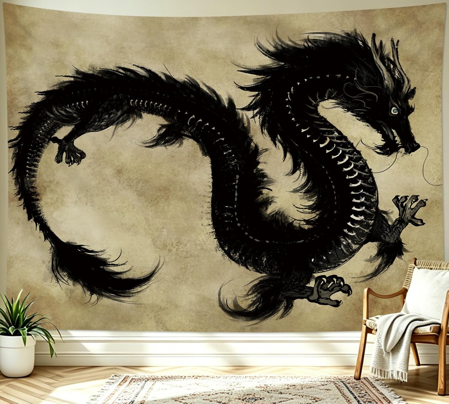 LB Black Dragon Tapestry Wall Hanging- Japanese Chinese Animal Vintage Home Decor for Bedroom Living Room Nursery, 59x39 inches 100X70CM