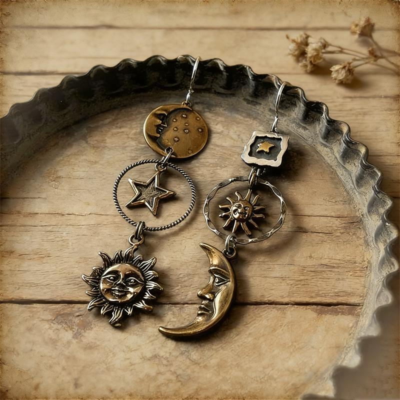 Boucles d'oreilles pendantes vintage Free People Visage Soleil Lune pour femmes, design créatif, boucles d'oreilles asymétriques, bijoux de fête rétro