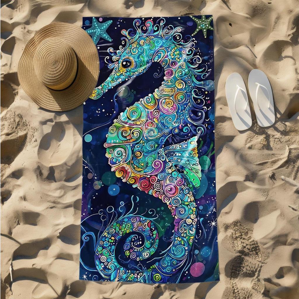 1pc Vibrant Seahorse in Underwater Fantasy 2D Printed Microfiber Beach Towel, quick dry super absorbent. Great for beach, pool