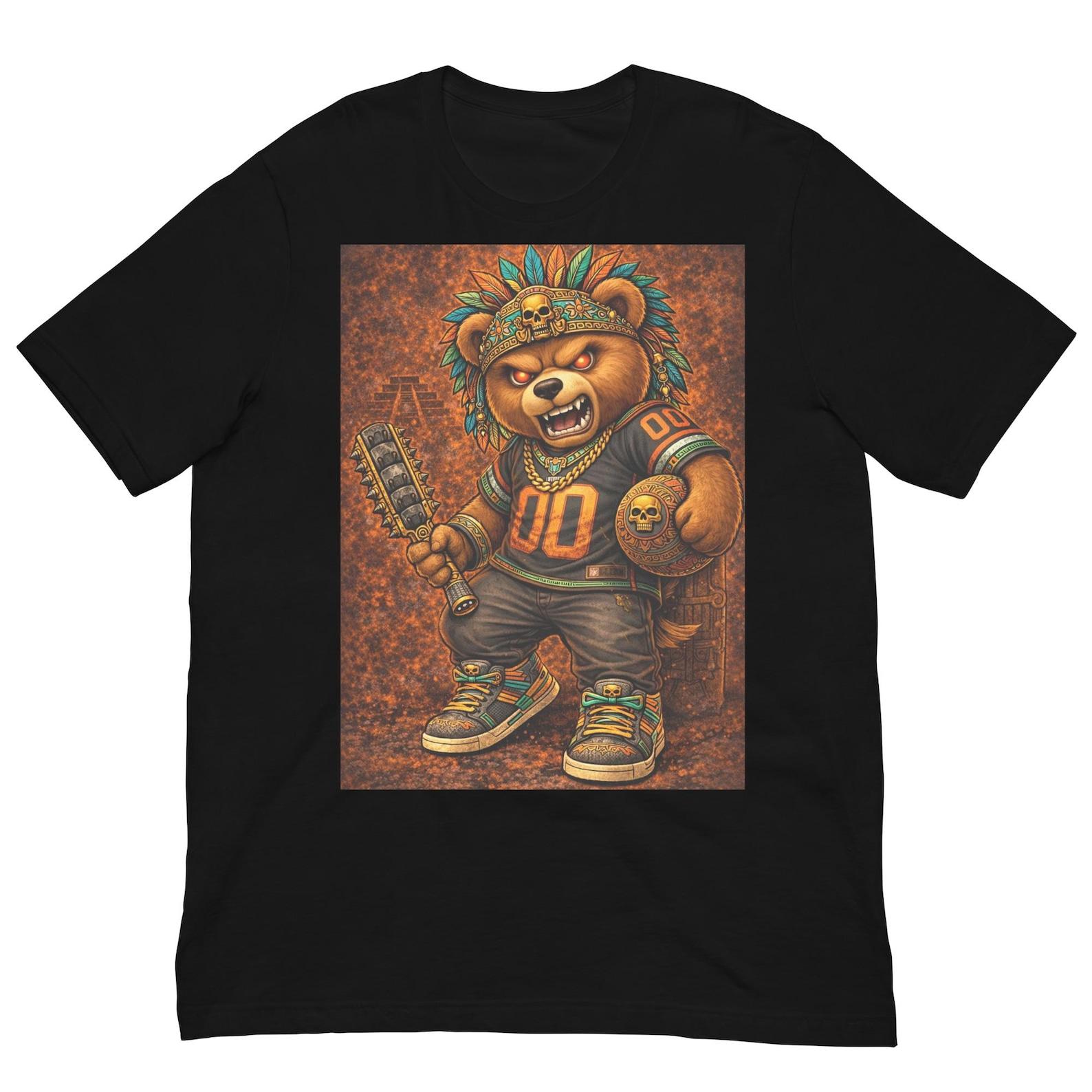Aztec Street Bear Warrior T-Shirt, Tribal Teddy Bear Graphic Tee, Urban Skull Bear Shirt S