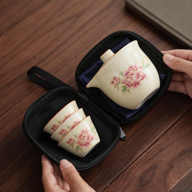 Simple Beige Ru Kiln Wisteria Flower Ceramic Teacup Household Outdoor Express Tea Tasting Cup Kung Fu Tea Set