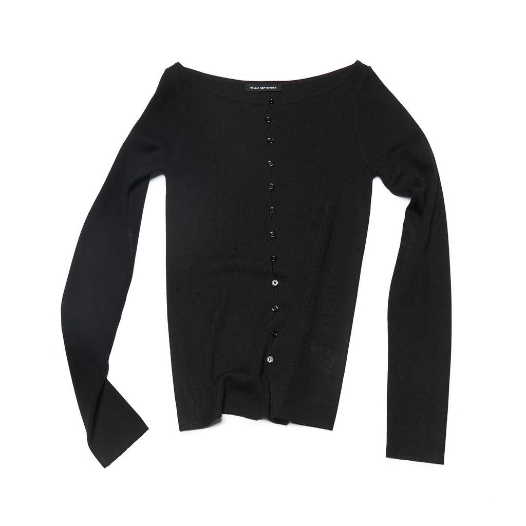 [Shi Shi] Women's Slim Fit Wool Cardigan - Boat Neck, Single-Breasted, Long Sleeve, Slightly Elastic, V8141