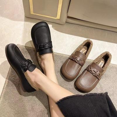 Leather Shoes Women's New Edamame Winter Loafer Flat-bottomed Velvet British Single Shoes Fluffy Shoes Lamb Bean Shoes Cotton Shoes