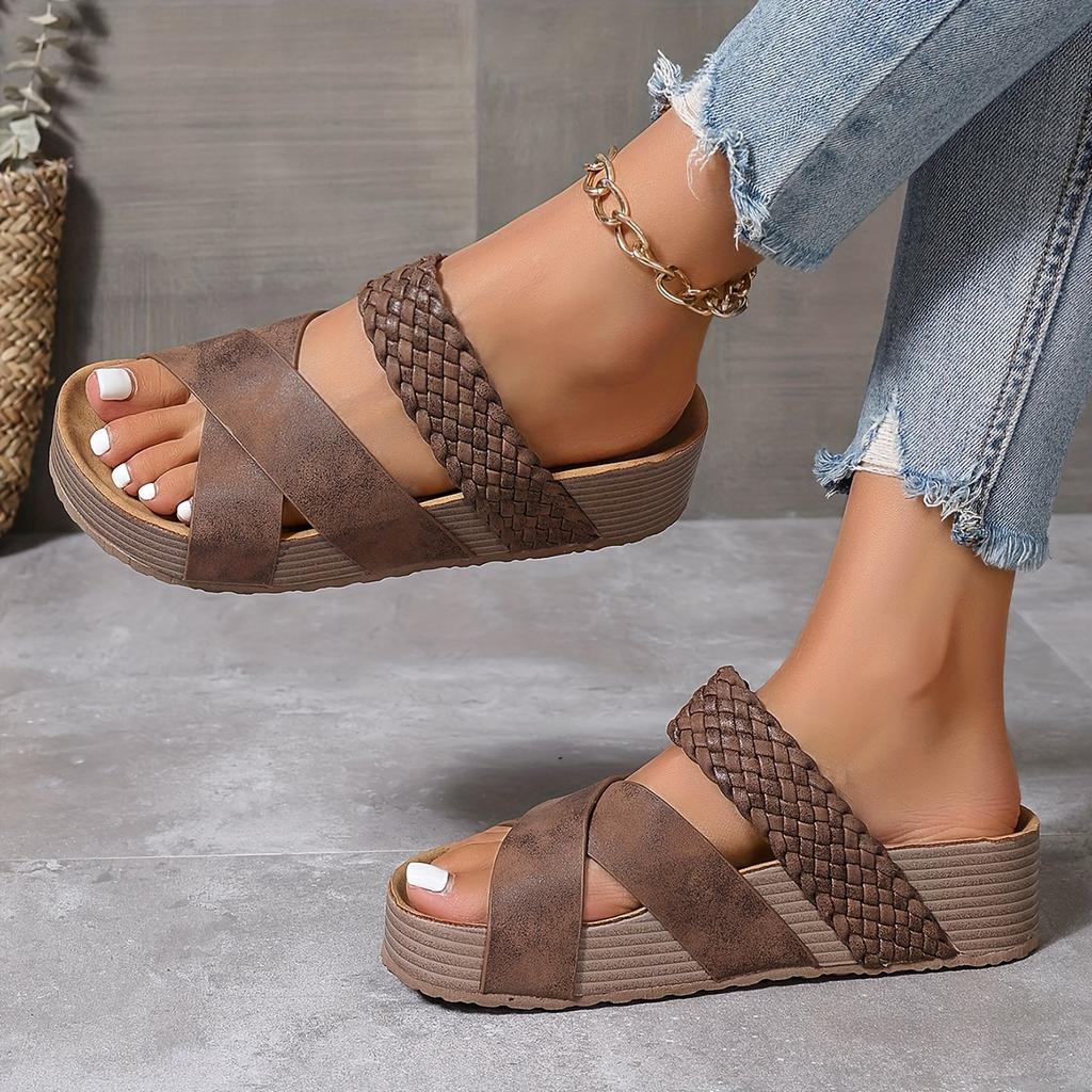 Thick Sole Platform Summer Slide Sandals - Chic Women's Casual Open Toe Shoes with Braided Detail, Cross-straps, Solid Colors, Woven Bag