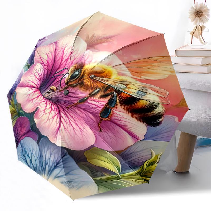 Bee On The Flower Compact Travel Automatic Umbrella with 8-Rib Sturdy Construction Travel Essential Fashionable Accessory Wedding Party Gift