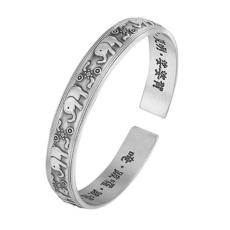 Vintage Style Open Bangle Women With Lucky Elephant Motif Retro Plated Adjustable Bracelet Copper-plated Silver