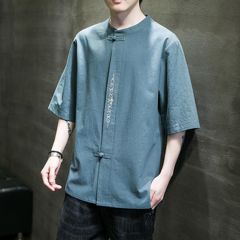 Chinese Style Summer Men's Cotton and Linen Embroidered Short-sleeved Shirt Retro Casual T-shirt