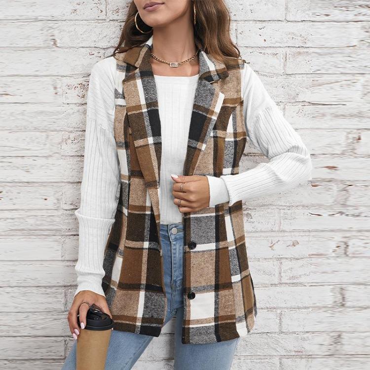 Women Checked Vest Sleeveless Single Breasted Cardigan Turn Down Collar Sizes S-XL Spring Autumn