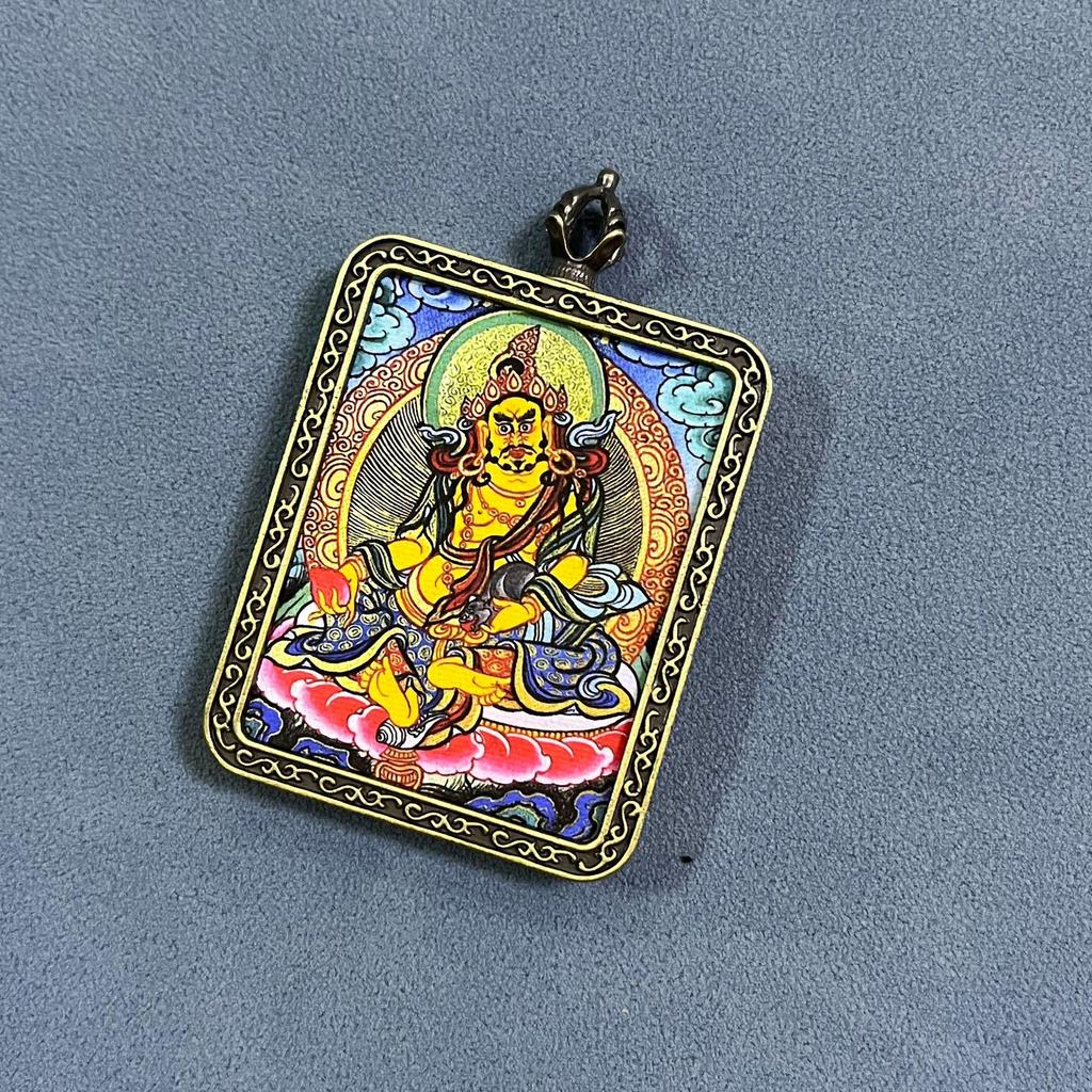 Yellow Jambhala Hand-Painted Thangka Pendant - Artistic Wealth-Attracting Souvenir