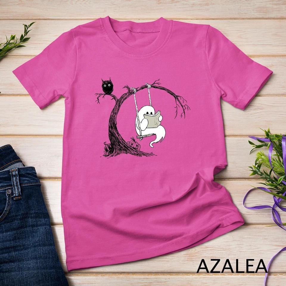 Cute Ghost swinging reading book Halloween ghost costume T-Shirt Unisex T-shirt 5 2XL