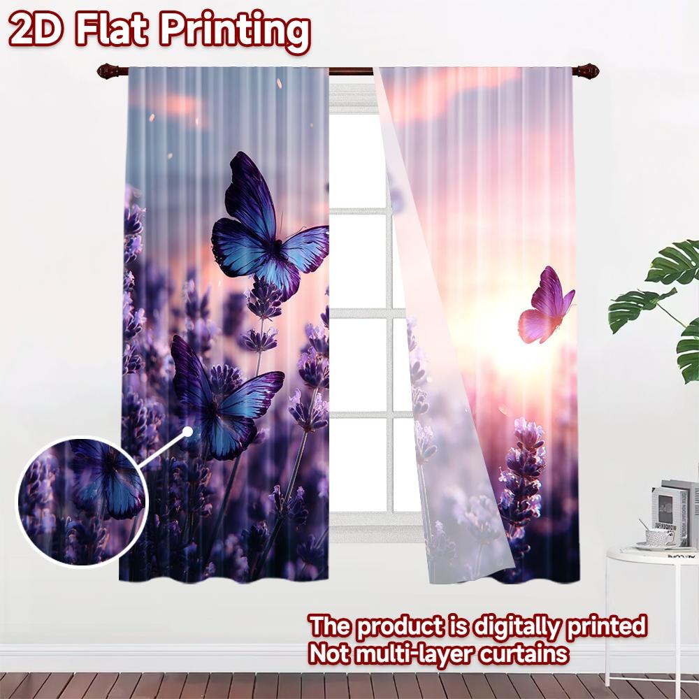 2D flat printing 2pcs Curtains Beautiful Butterflies Lavender Field Digital Printed Polyester Drapes Birthday Party for Indoor