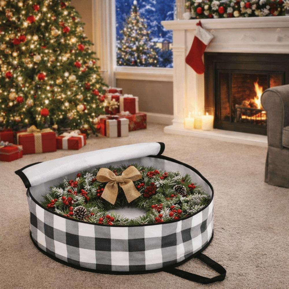 Stackable Plaid Christmas Wreath Storage Bag Waterproof Large Capacity Wreath Storage Container with Zipper and Handles