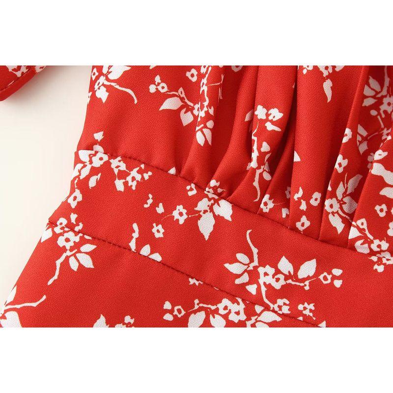 Kaslead New Women clothes Western Style Fashion Simple Two-Color Pleated Decoration V-neck Print Dress