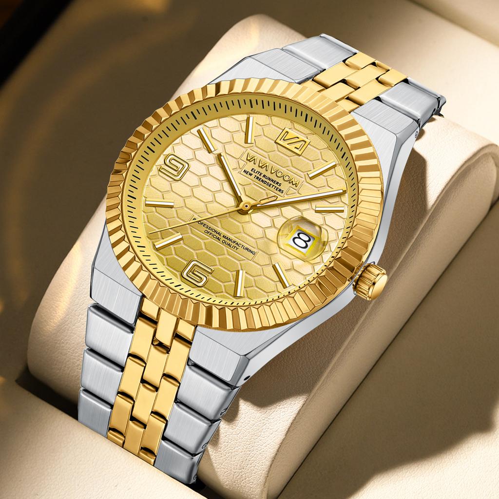 VA VA VOOM Men's Business Steel Belt Watch Honeycomb Texture Waterproof Luminous Watch High Value Calendar Watch