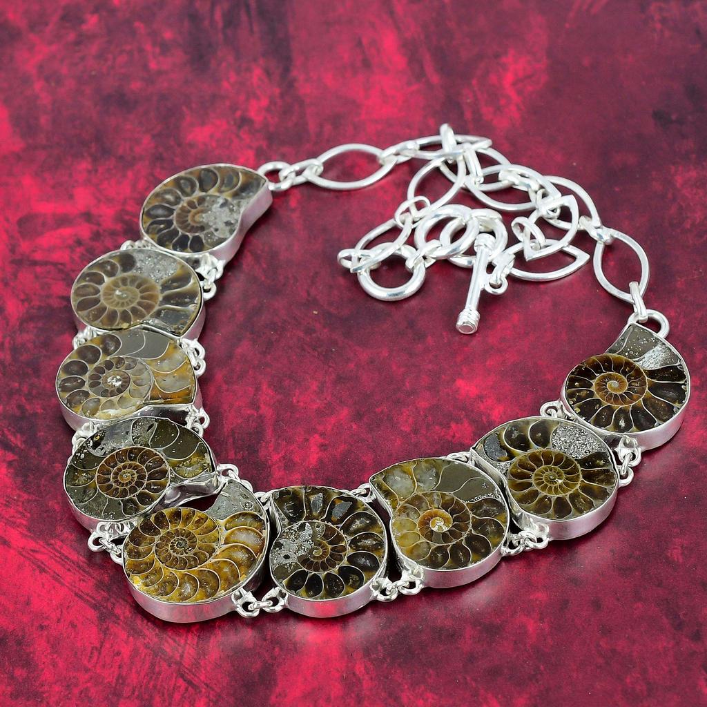 Ammonit Fossil Edelstein Schmuckset 925 Sterling Silber, handgemachtes tolles Armband & Halskette Schmuckset für Sie