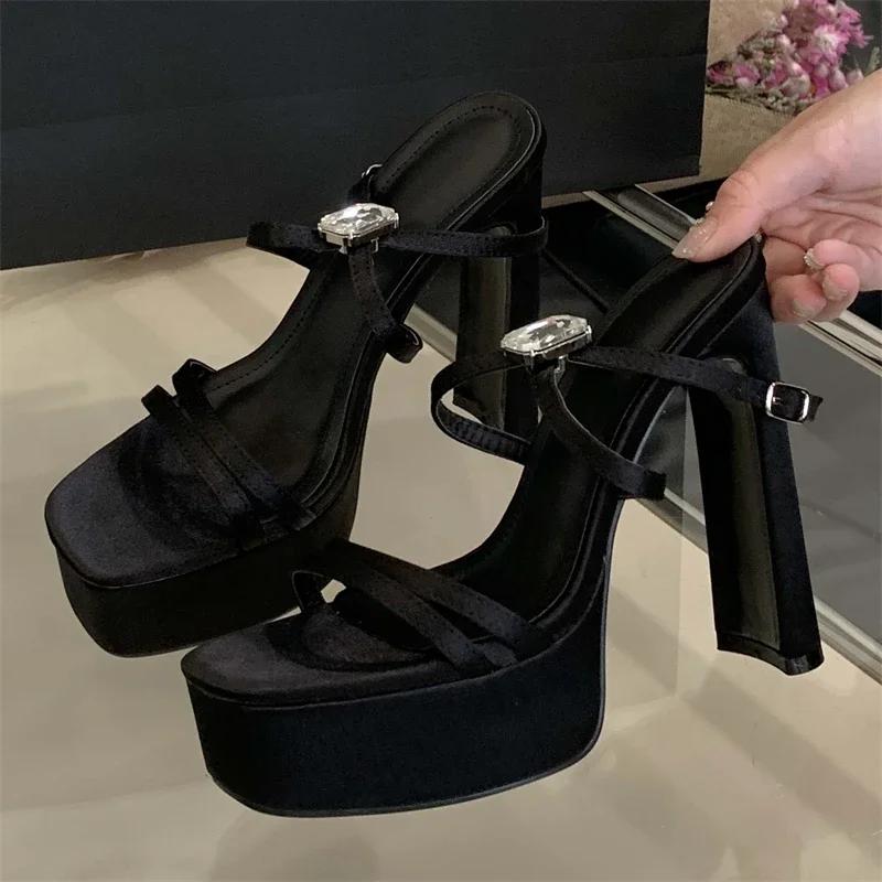 Fashion Elegant Crystal Narrow Band Design Platform Sandal Women Fashion Open Toe Ankle Buckle Thin Heel Slide Sandal Sexy Stripper Shoe