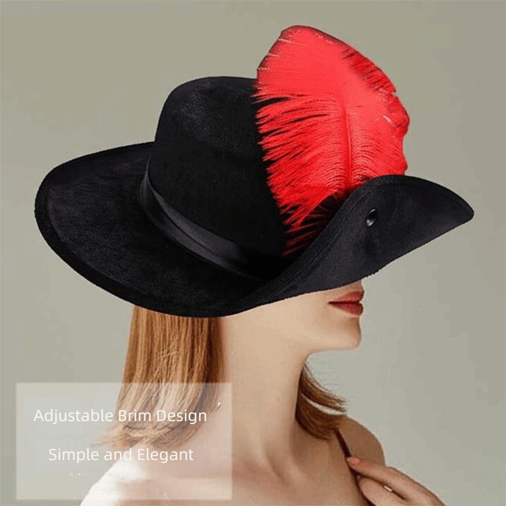 Wide Brim Cavalier Top Hat Felt Masquerade Headwear Cosplay Wide Brim Cap Feather Stage Cap  Party