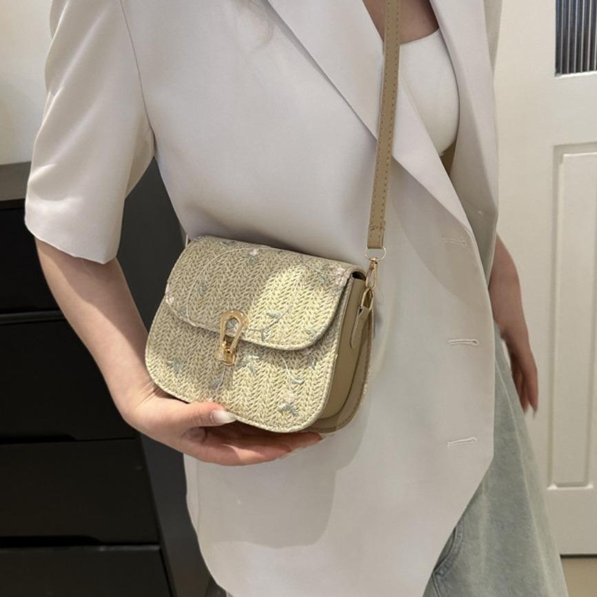 

PU Hasp Straw Bag Soft Flower Pattern Handbag Mental Weave Crossbody Bag Shopping хакі