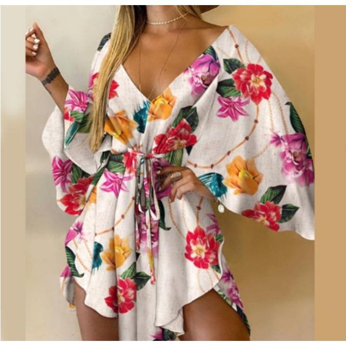 Autumn Sexy V-neck Irregular Bat Sleeve Lace-up Dress