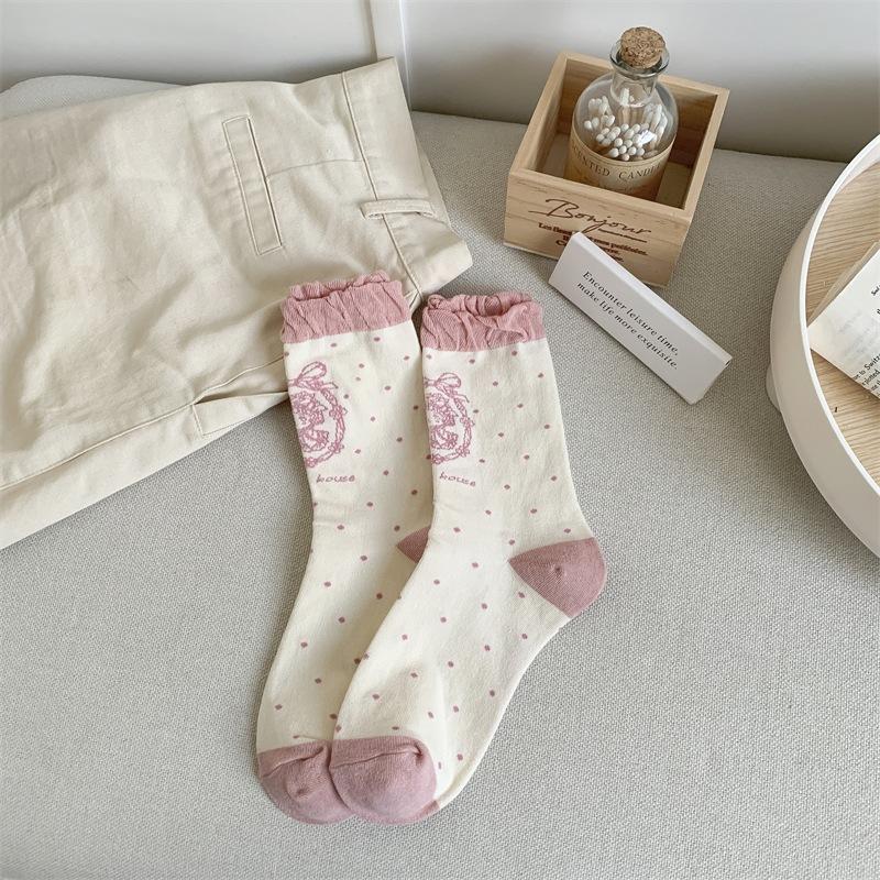Bubble Mouth Line Doll Lolita Socks Women Vintage Polka Dot Slim Leg Socks Pure Cotton Mid-Leg Socks