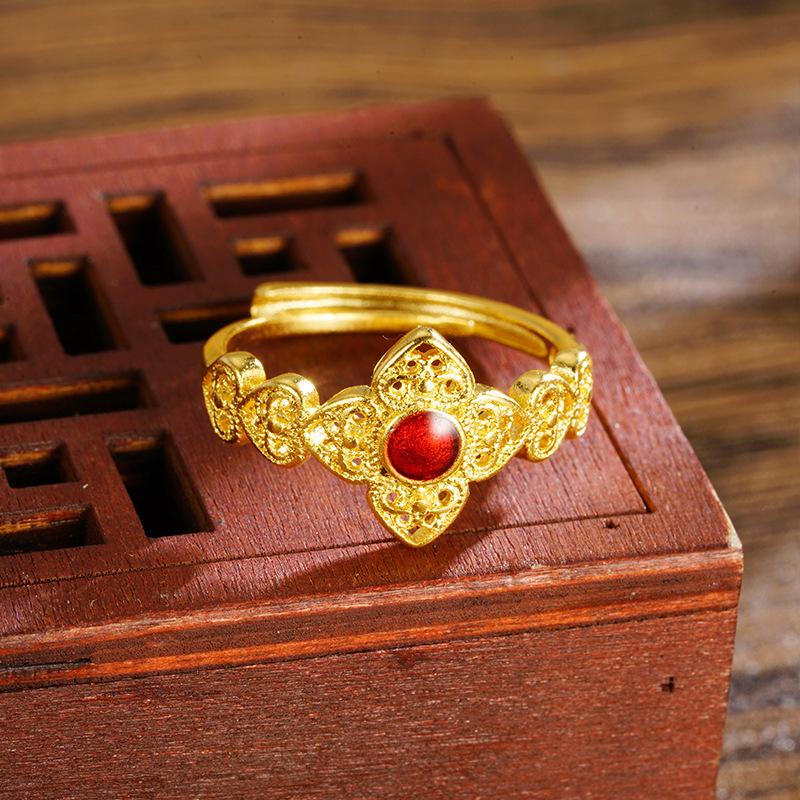 24k oil drop flower hollow opening ring medieval fashion light luxury ring temperament versatile jewelry