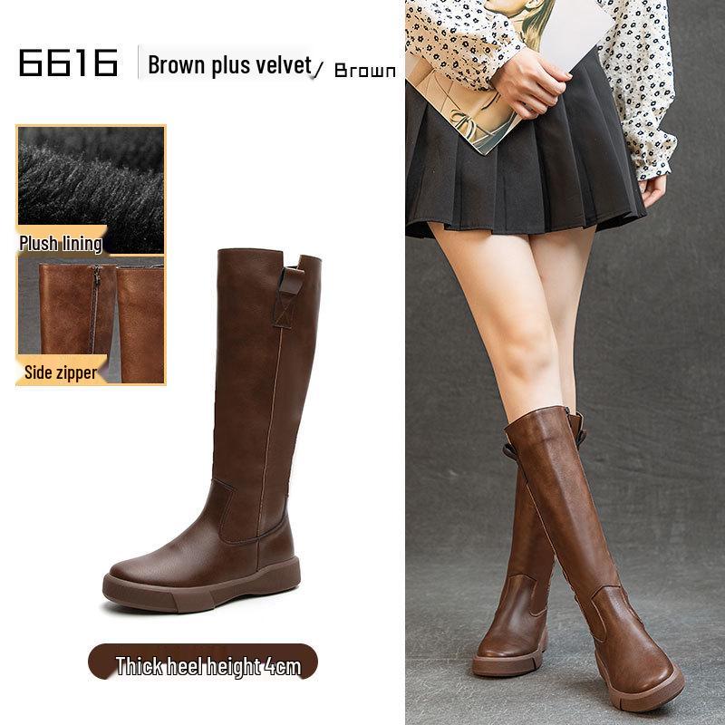Women's Retro Leather Over-the-Knee Boots with Thick Sole and Velvet Lining - Versatile High-Top for Autumn/Winter