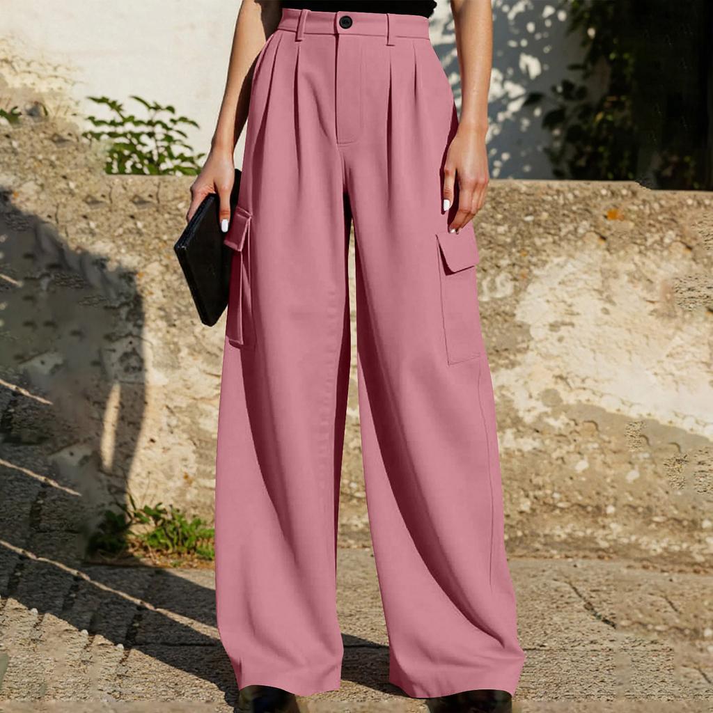 Pantalon Décontracté Large pour Femme Taille Haute Fermeture Boutonnée Poches Style Cargo Coupe Ample Pantalon Convient pour un Usage Quotidien et le Bureau