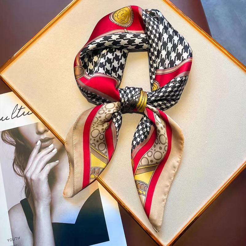 1pcs 70cm Tassel Houndstooth Silk Scarf for Women Imitation Silk Light Luxury Versatile Headwear Clothing Square Scarf
