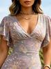 Women's Lavender V Neck Maxi Dress with Floral Print Flare Sleeve Casual Party Dress for Summer