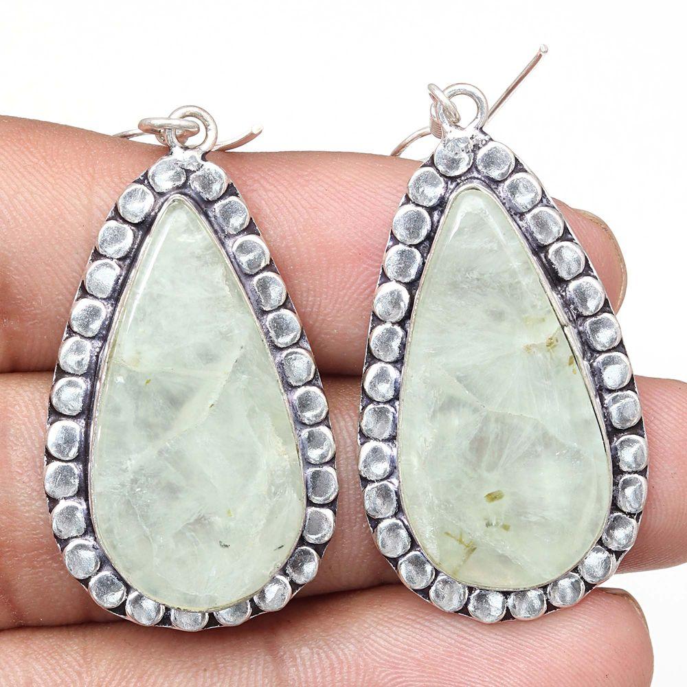 Prehnite Marlene Gemstone Handmade Silver Jewelry Earrings 1.5''