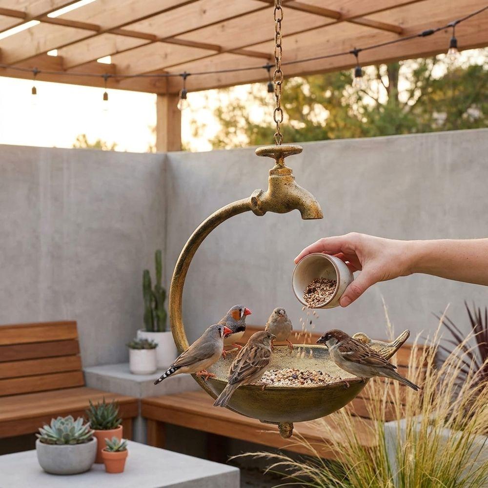 Faucet Design Metal Bird Bath Handcrafted Iron Bird Feeding Bowl Hanging Bird Feeder  Backyard Use