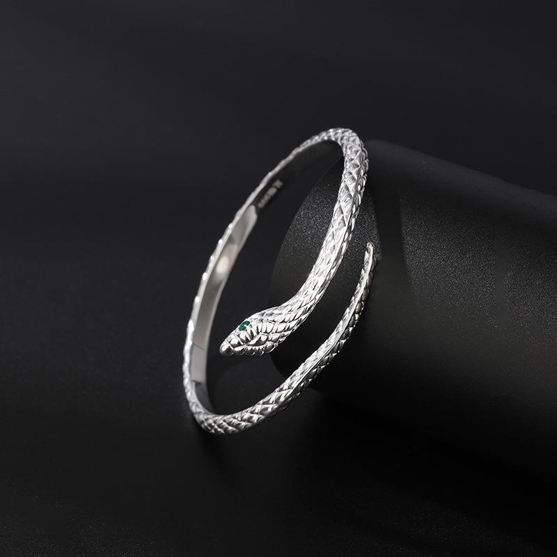 Sterling Silver Snake-Shaped Open Bangle - Unique 999 Fine Silver Jewelry Design