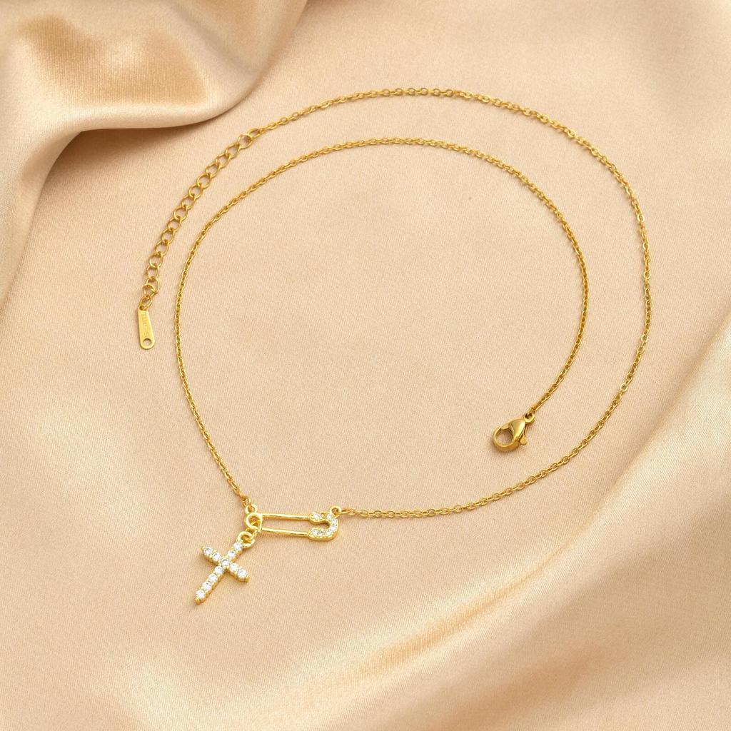 Protection Amulet Necklace Gold Plated Safety Pin Cross Blue Evil Eye Coin Charms Jewelry for Women Waterproof