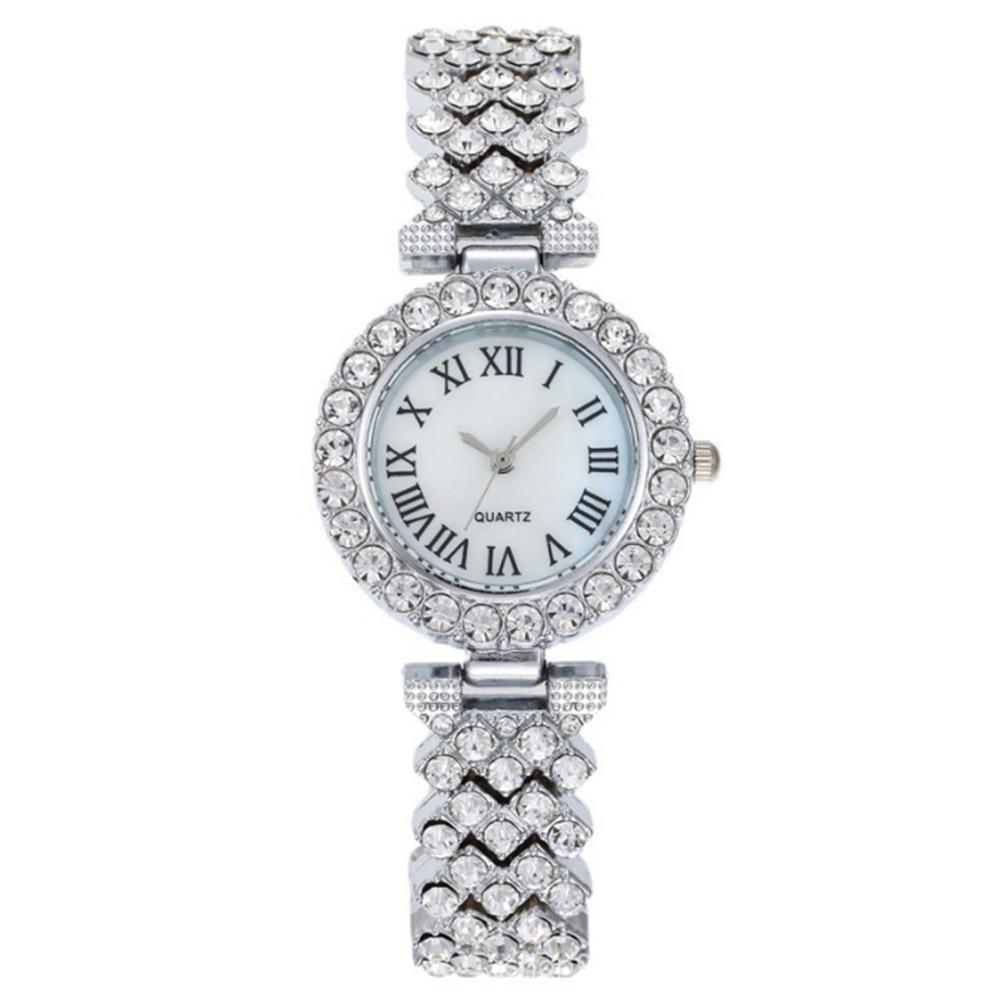 Trendy Roman Numerals Luxury Diamond-Encrusted Cuban Bracelet With Women'S Watch, Fashionable Hip-Hop Steel Watch