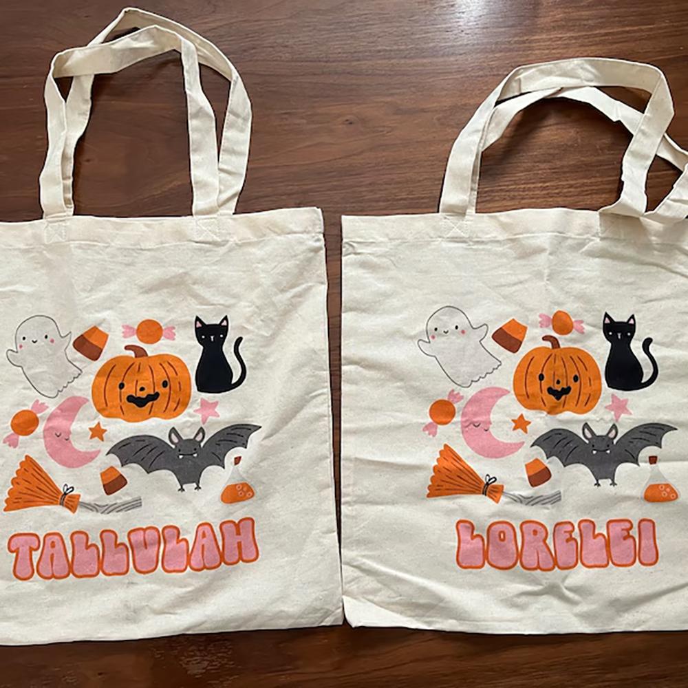Personalized Trick or Treat Bags Halloween Candy Bag Holiday Present Grocery Shopping Tote Back To School Birthday Baby Shower