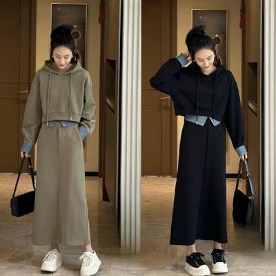 2-teiliges Set Rock und Oberteil Herbst Korean Fashion Solid Kapuzenpullover Casual Rock Sets Passende Sets Damenbekleidung