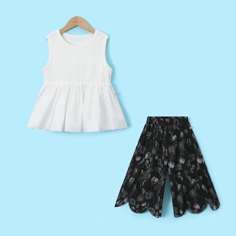 Girls' Summer Retro Pleated Tank Top & Wide-Leg Pants Set